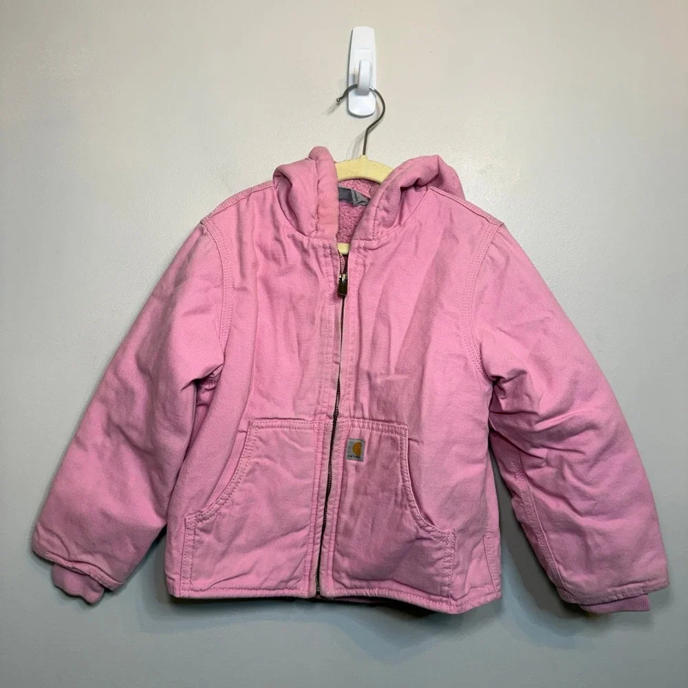 Carhartt Kids Pink Canvas Sherpa Lined Hooded Jacket Coat Size XXS 4-5